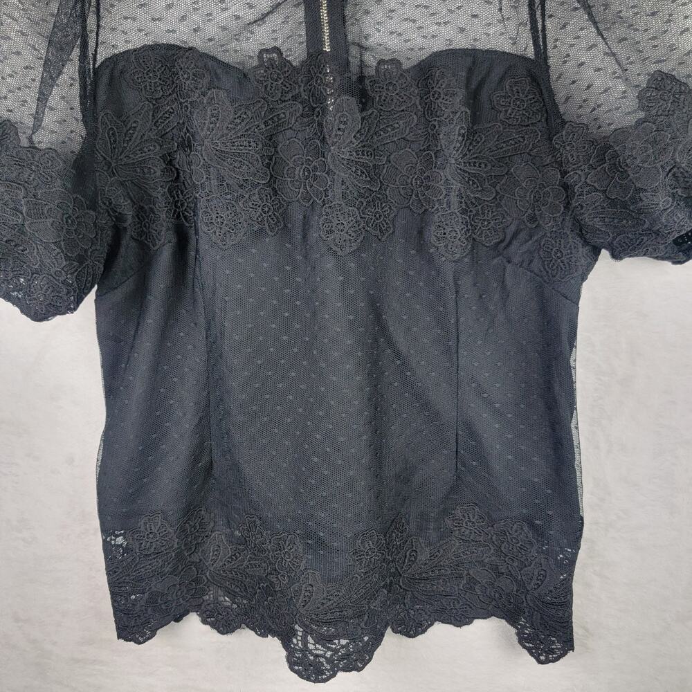 Goth Large Women Crop Top Knit Black Lace Overlay Bustier Short Sleeve Grunge - Picture 7 of 14